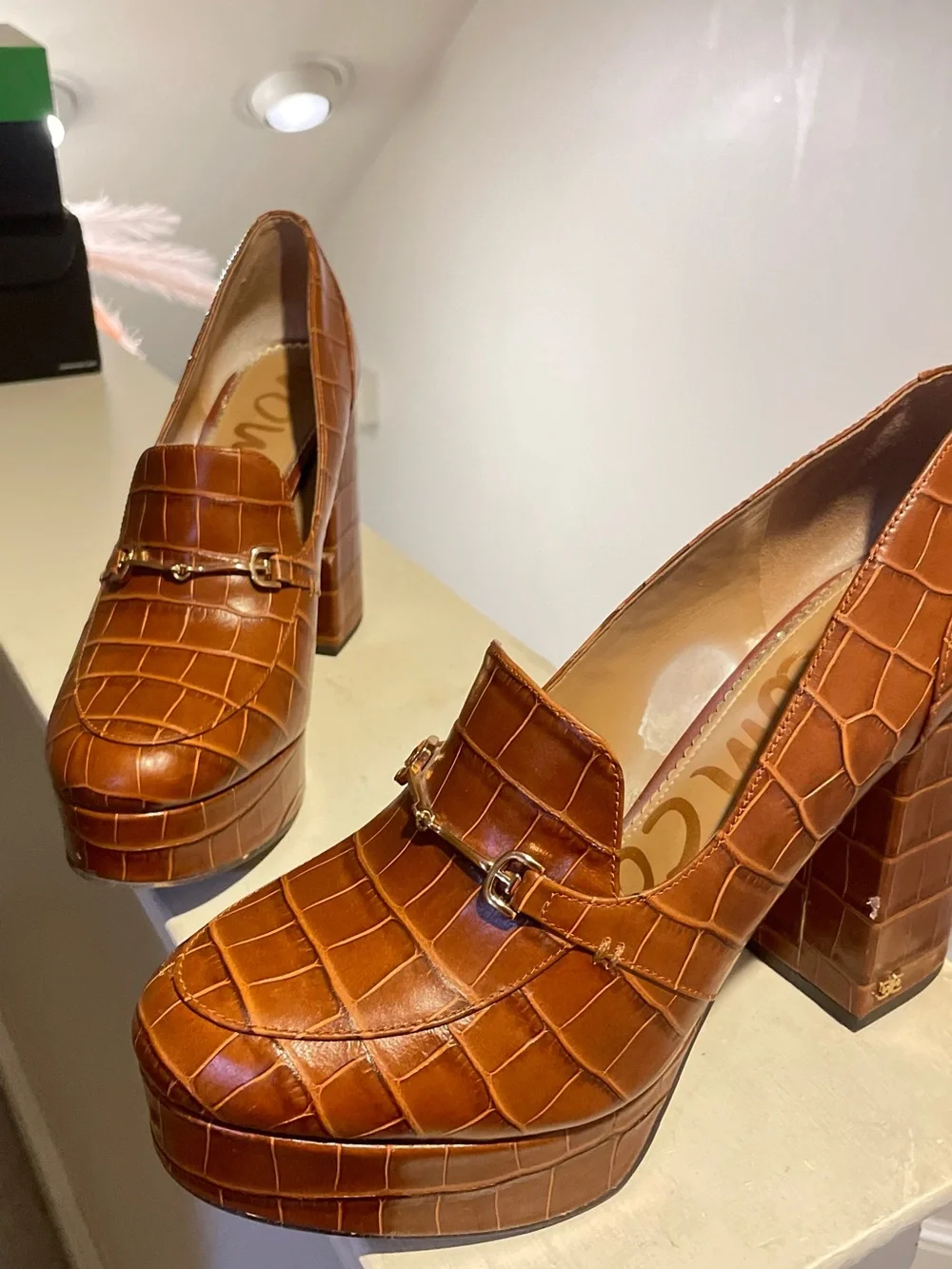 Sam Edelman Brown Croc-Embossed Leather Platform Size 10